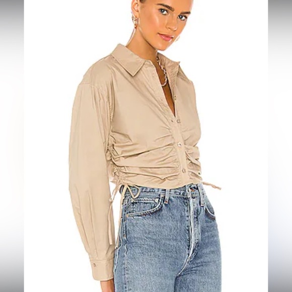 L’ACADEMIE lena blouse khaki revolve ruched cropped cotton button up NWT size S - Picture 2 of 11